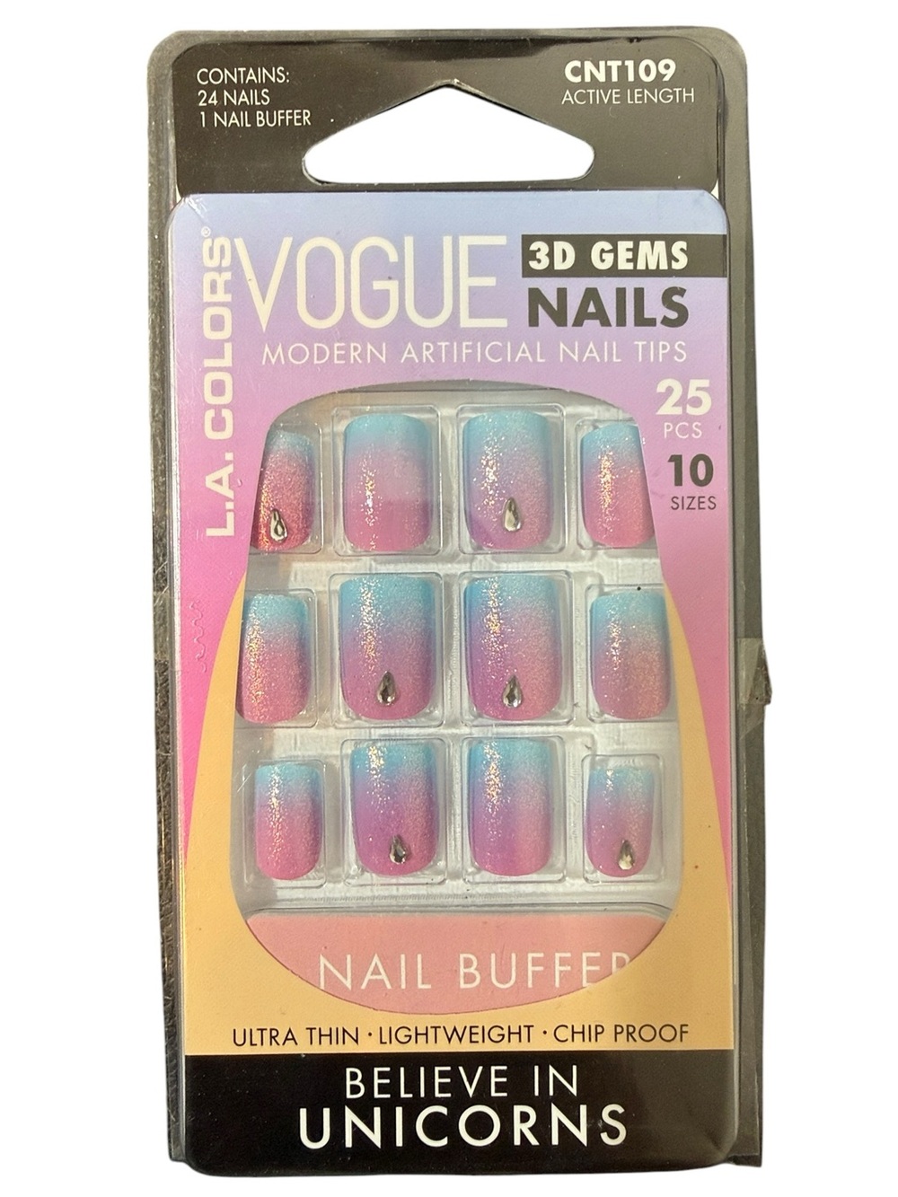 L.A. COLORS Vogue 3D Gems Nails - Pink & Blue Ombre with Gem Accents